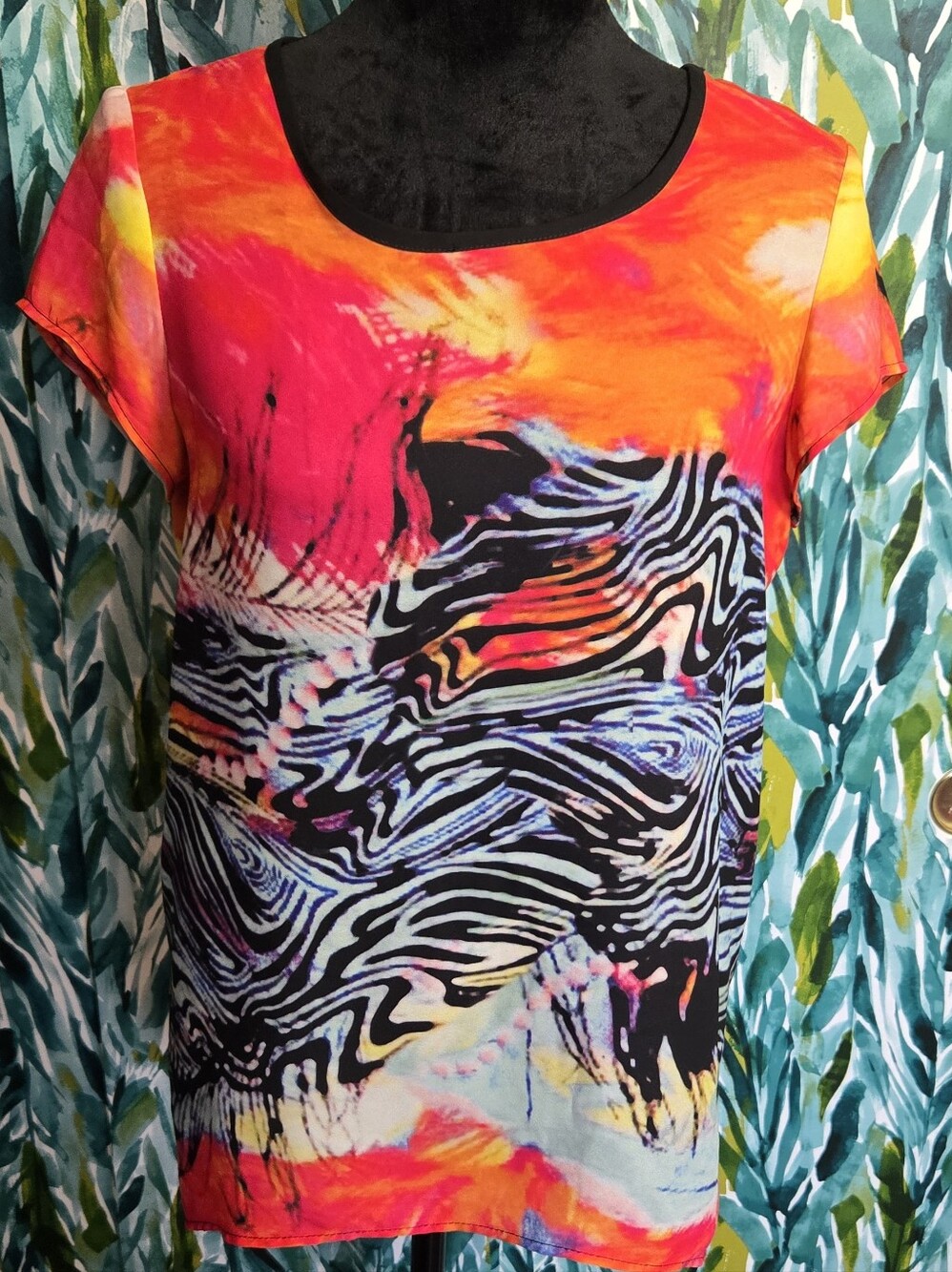 Joseph Ribkoff Multicolor Abstract Zebra-Print Short Sleeve Top